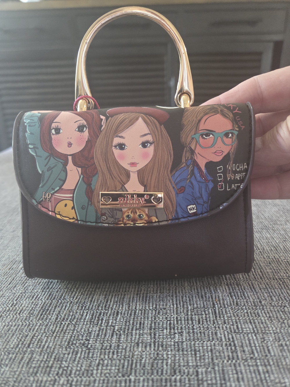 Nicole Lee Burgundy Mini Top-Handle Bag with Colorful Graphic Flap